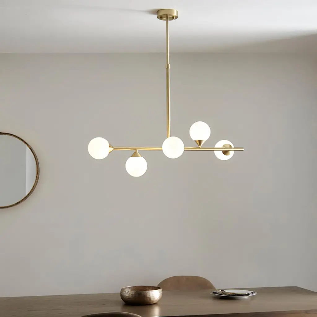 Eve Brushed Brass Linear Pendant C/W Opal Shades