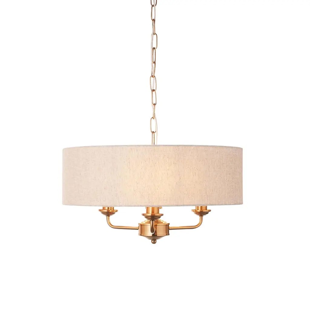 Highclere 3 Light Pendant in Brass C/W Natural Shade