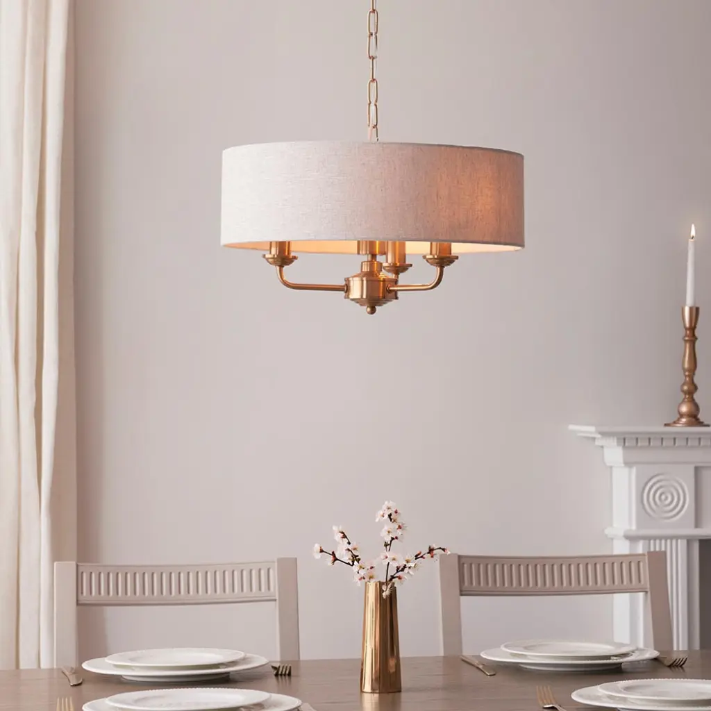 Highclere 3 Light Pendant in Brass C/W Natural Shade