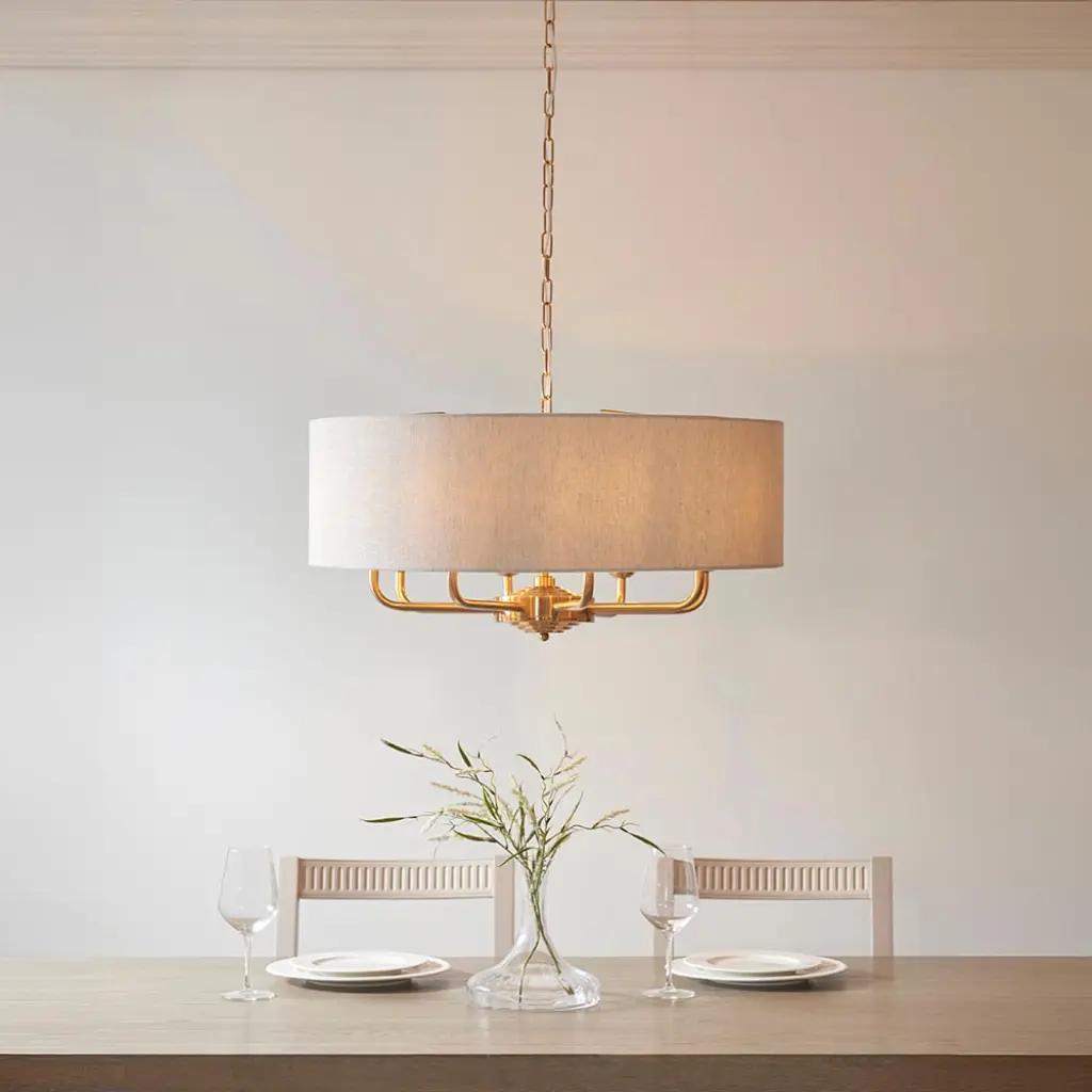 Highclere 8 Light Drum Pendant Brass C/W Natural Shade