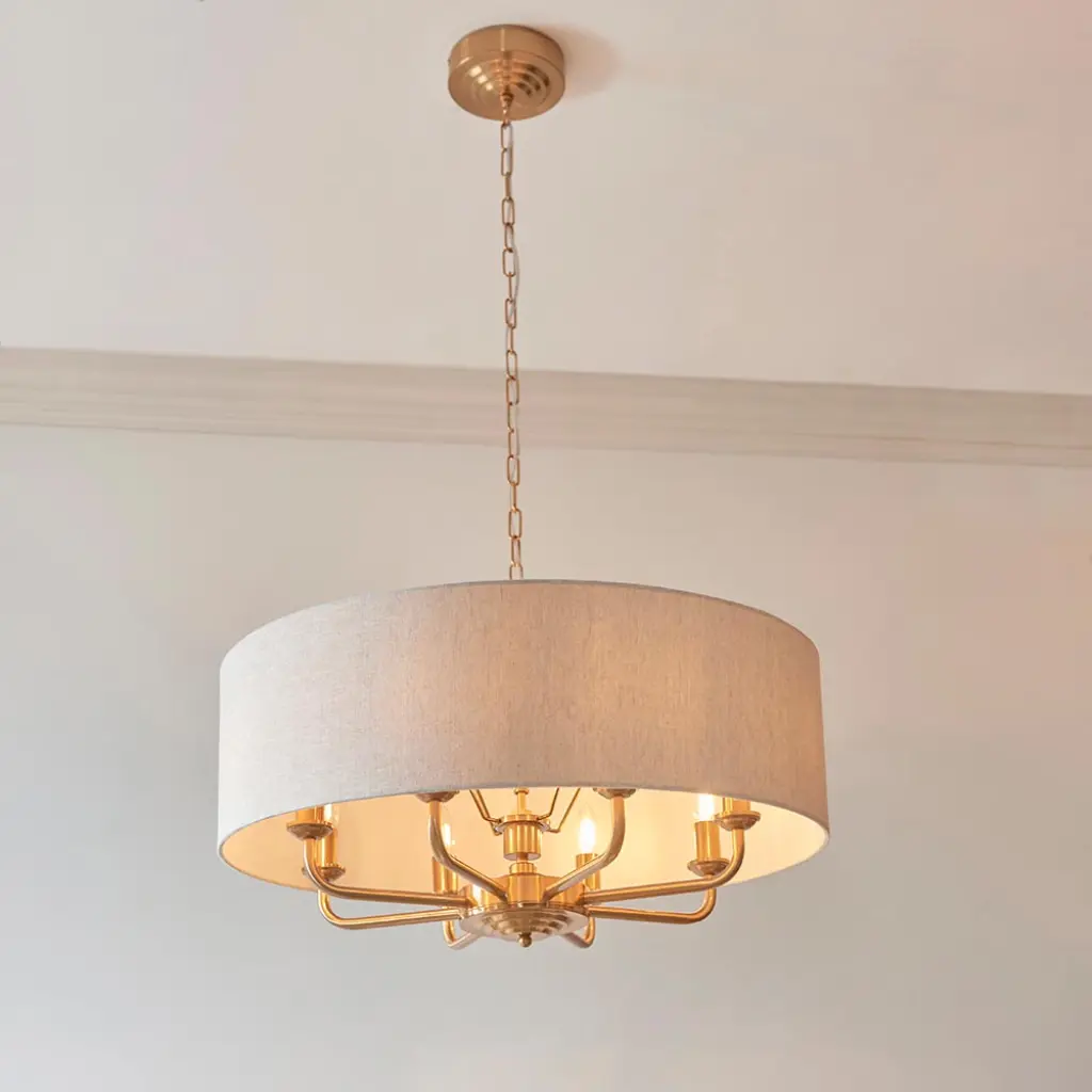 Highclere 8 Light Drum Pendant Brass C/W Natural Shade