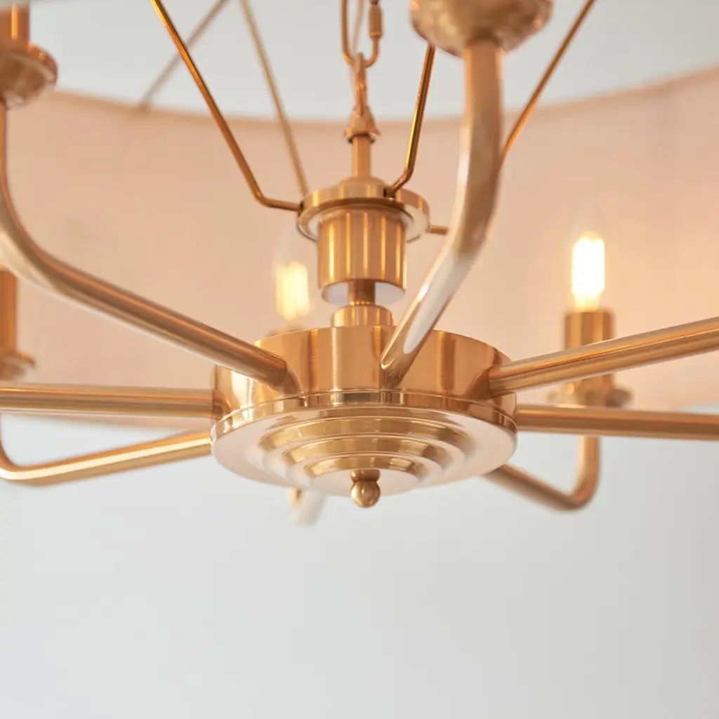 Highclere 8 Light Drum Pendant Brass C/W Natural Shade
