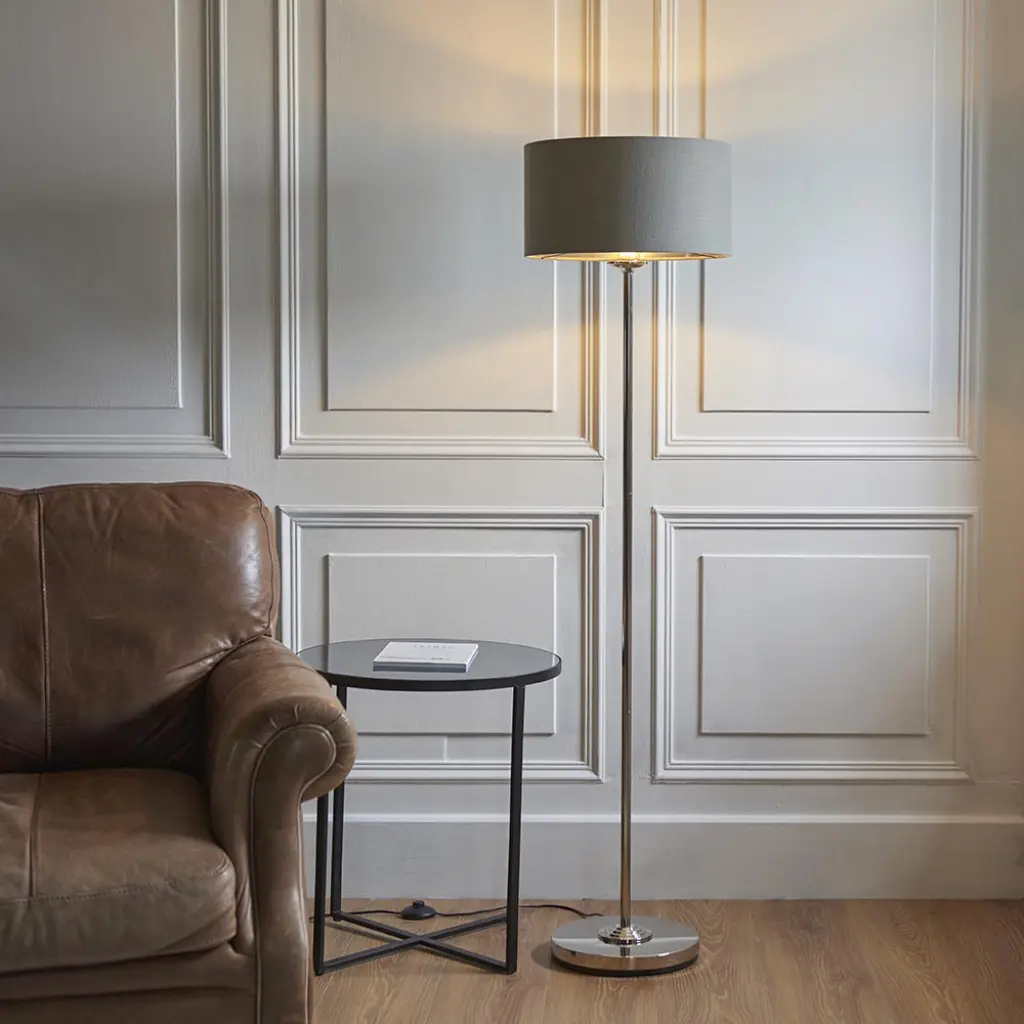 Highclere Single Floor Lamp in Bright Nickel with Charcoal Shade