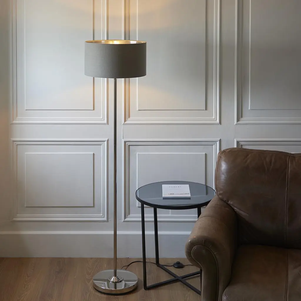 Highclere Single Floor Lamp in Bright Nickel with Charcoal Shade