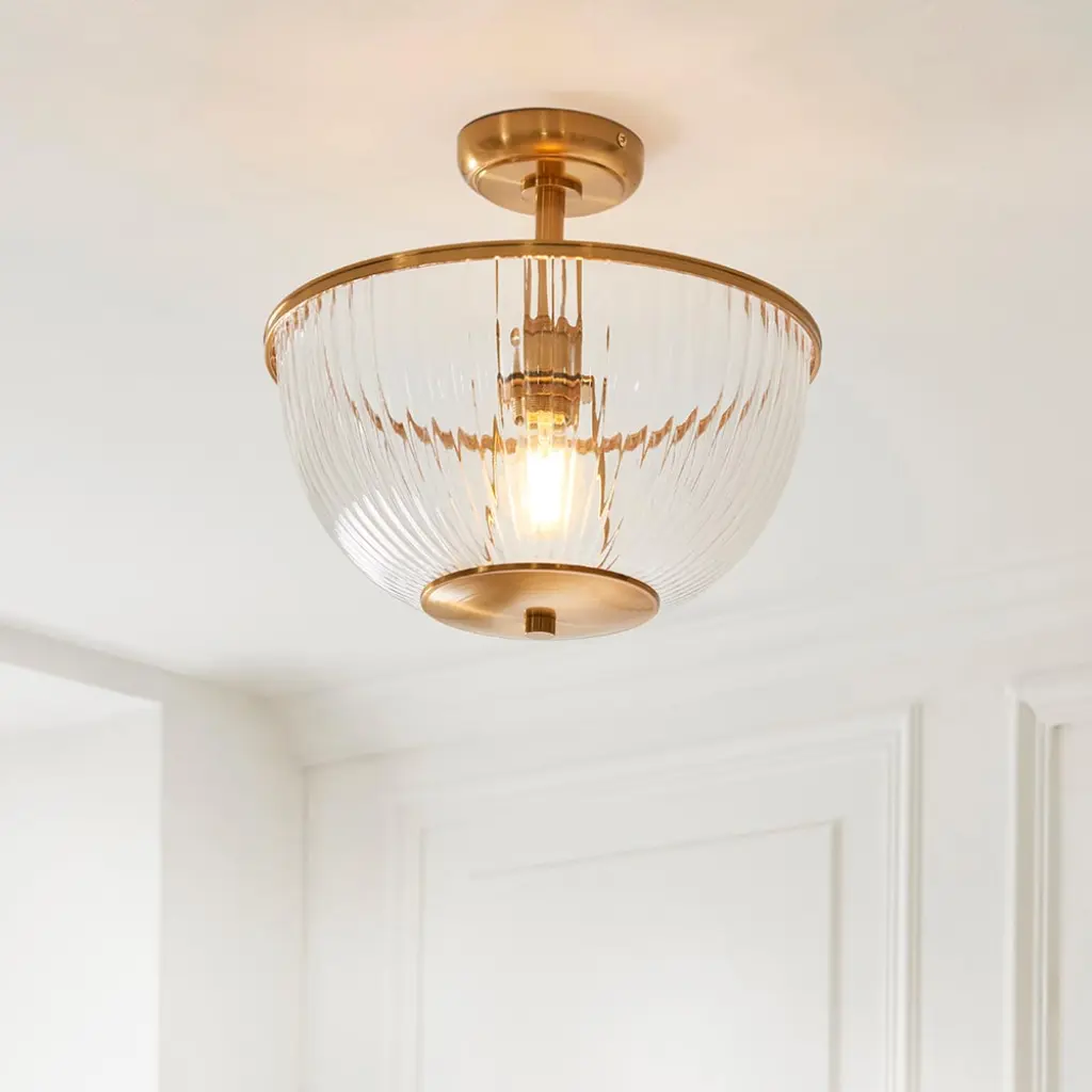 Somerset Upturned Flush Fitting in Brass with Ribbed Glass