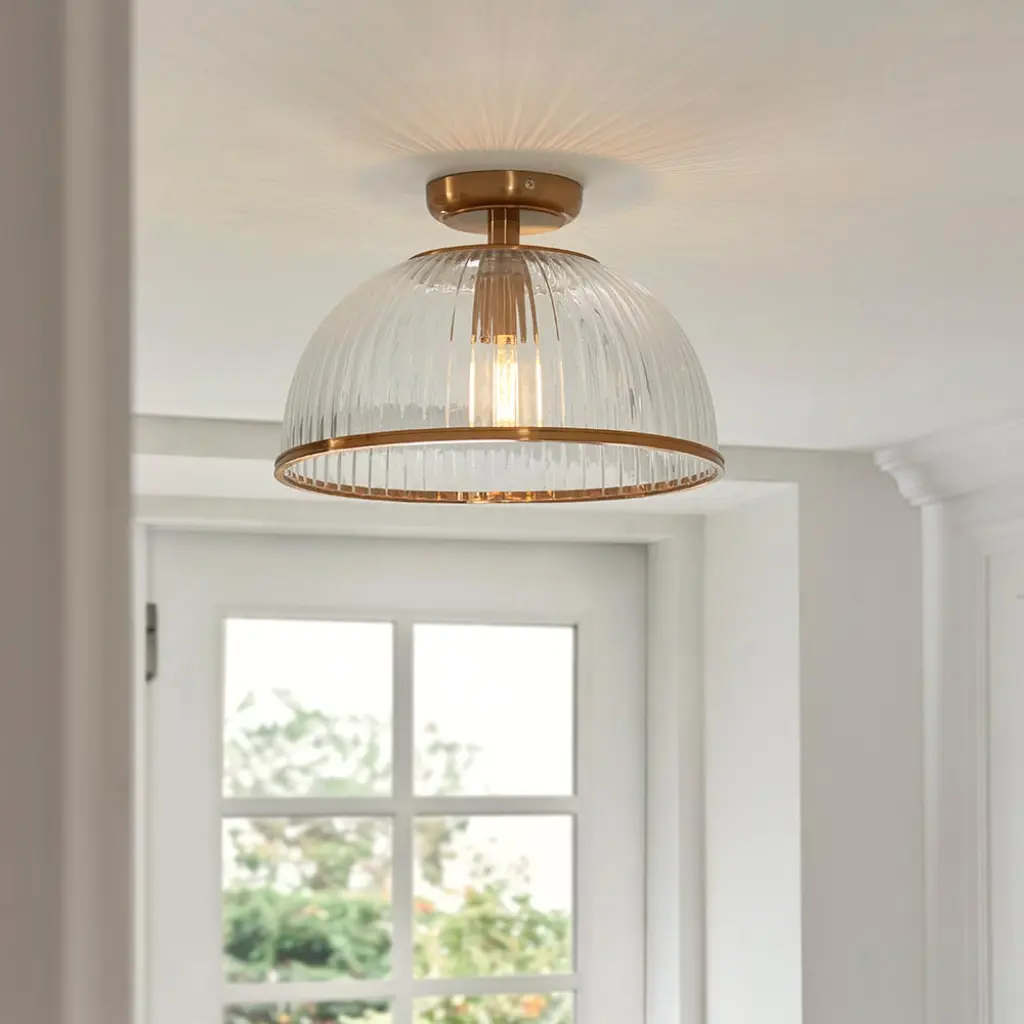 Somerset Downturned Flush Fitting in Brass with Ribbed Glass