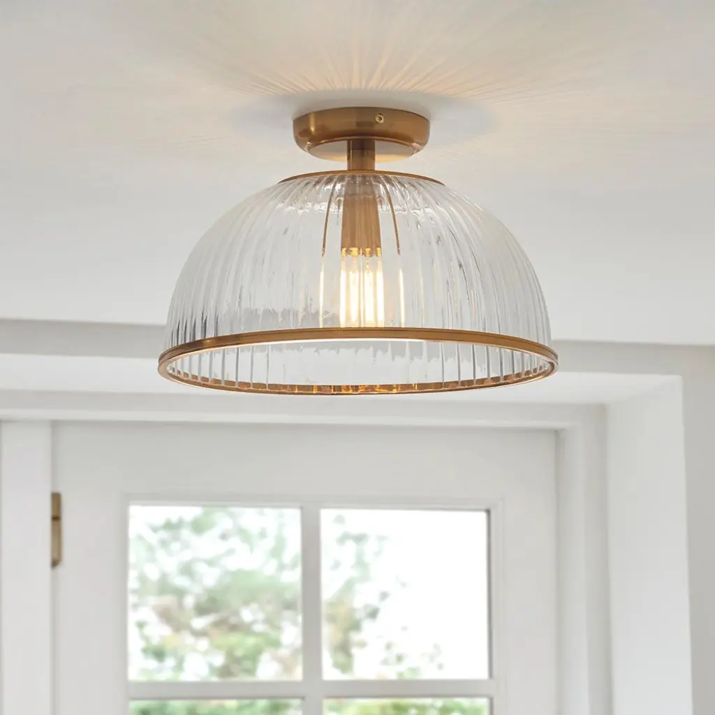 Somerset Downturned Flush Fitting in Brass with Ribbed Glass
