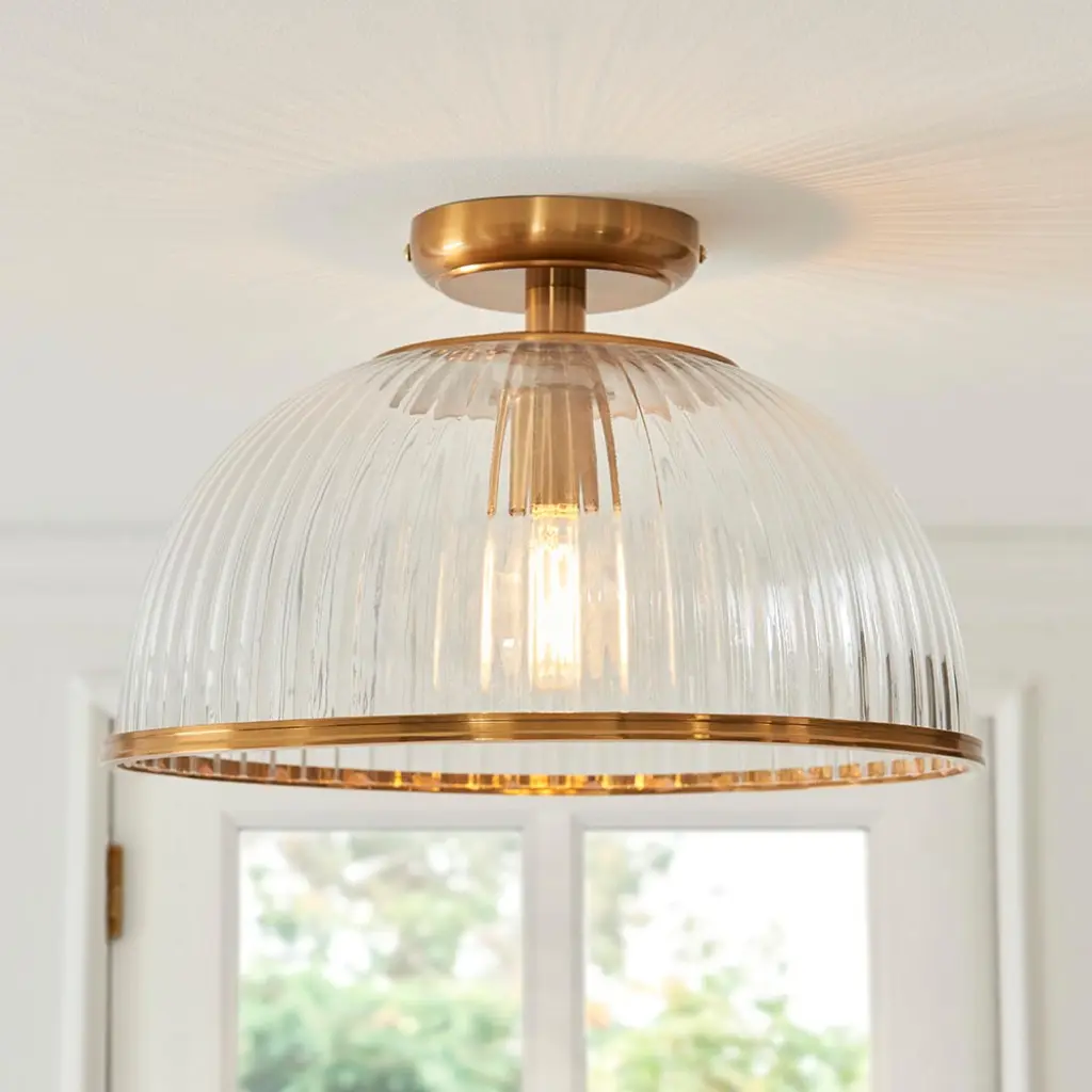 Somerset Downturned Flush Fitting in Brass with Ribbed Glass