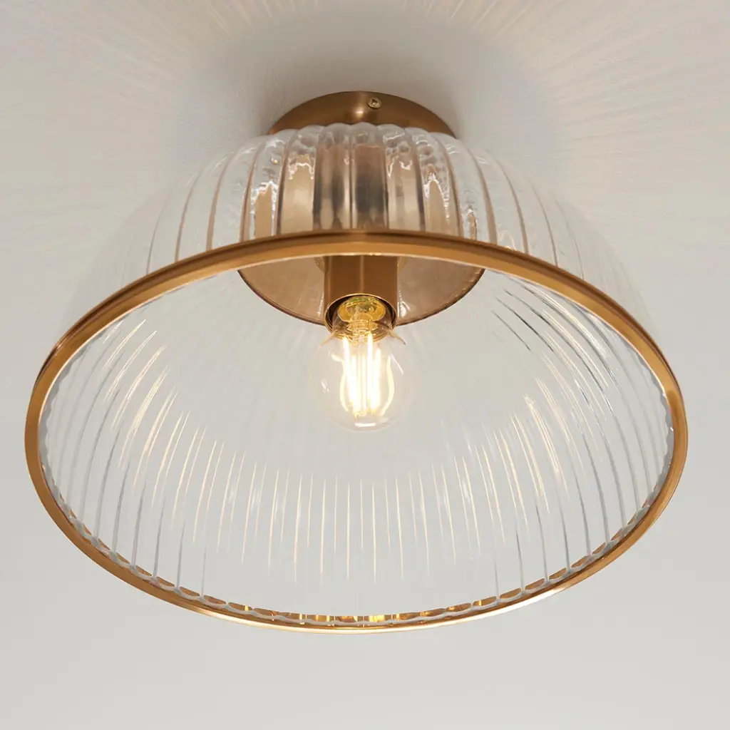 Somerset Downturned Flush Fitting in Brass with Ribbed Glass
