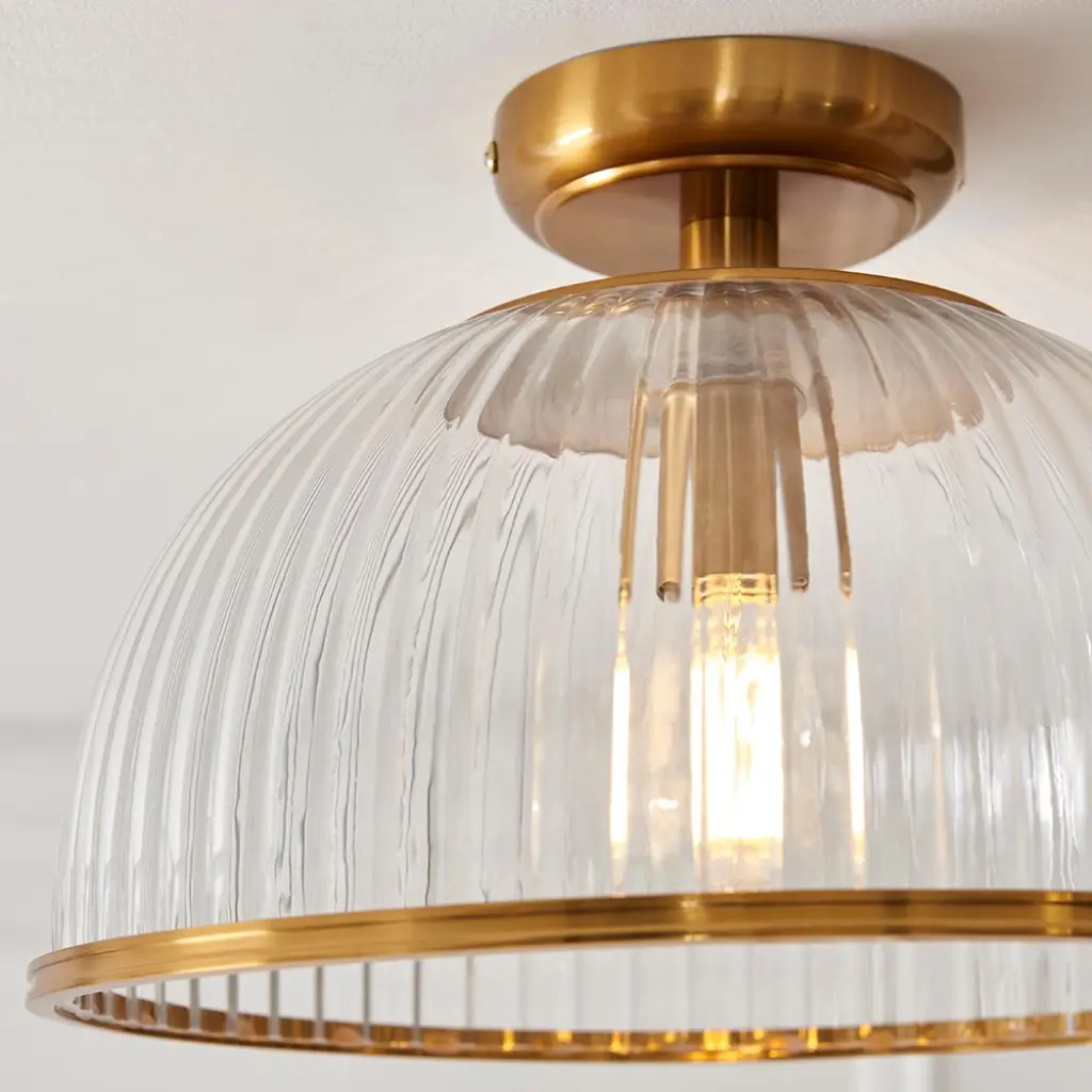 Somerset Downturned Flush Fitting in Brass with Ribbed Glass