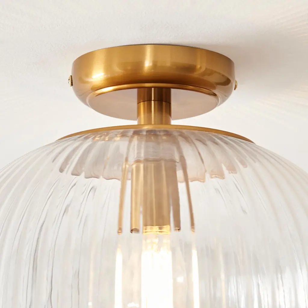 Somerset Downturned Flush Fitting in Brass with Ribbed Glass