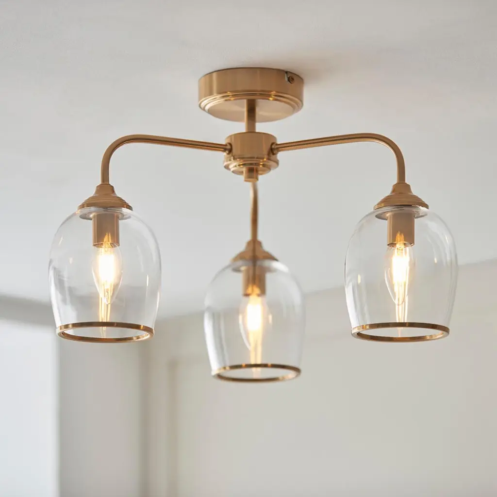 Ashcroft 3 Light Brass Semi Flush Fitting with Clear Glass Shades