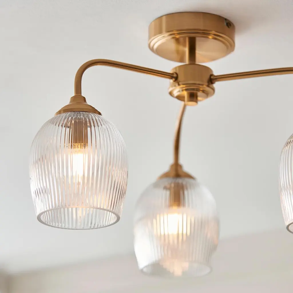 Ashcroft 3 Light Brass Semi Flush Fitting with Ribbed Glass Shades