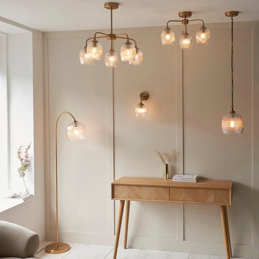 Ashcroft 3 Light Brass Semi Flush Fitting with Ribbed Glass Shades