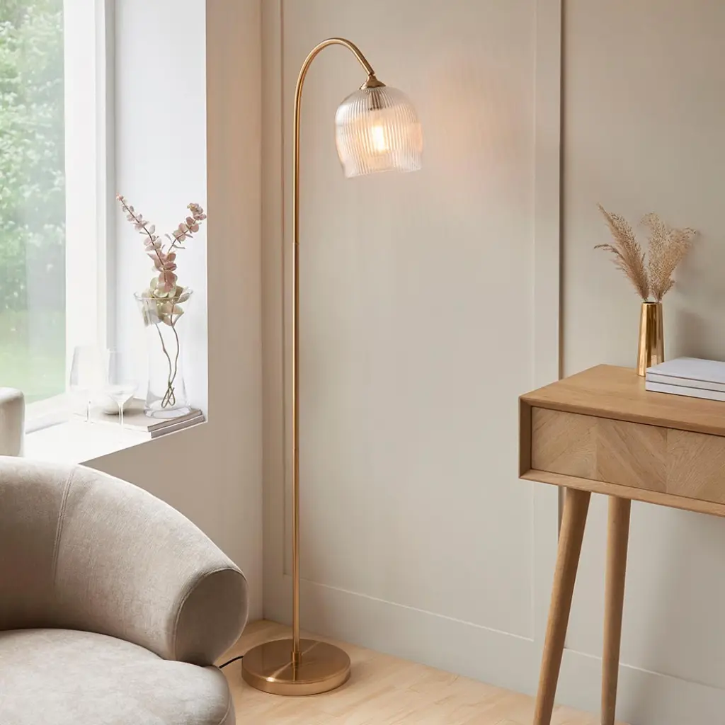 Ashcroft Brass Floor Lamp with Ribbed Glass Shade