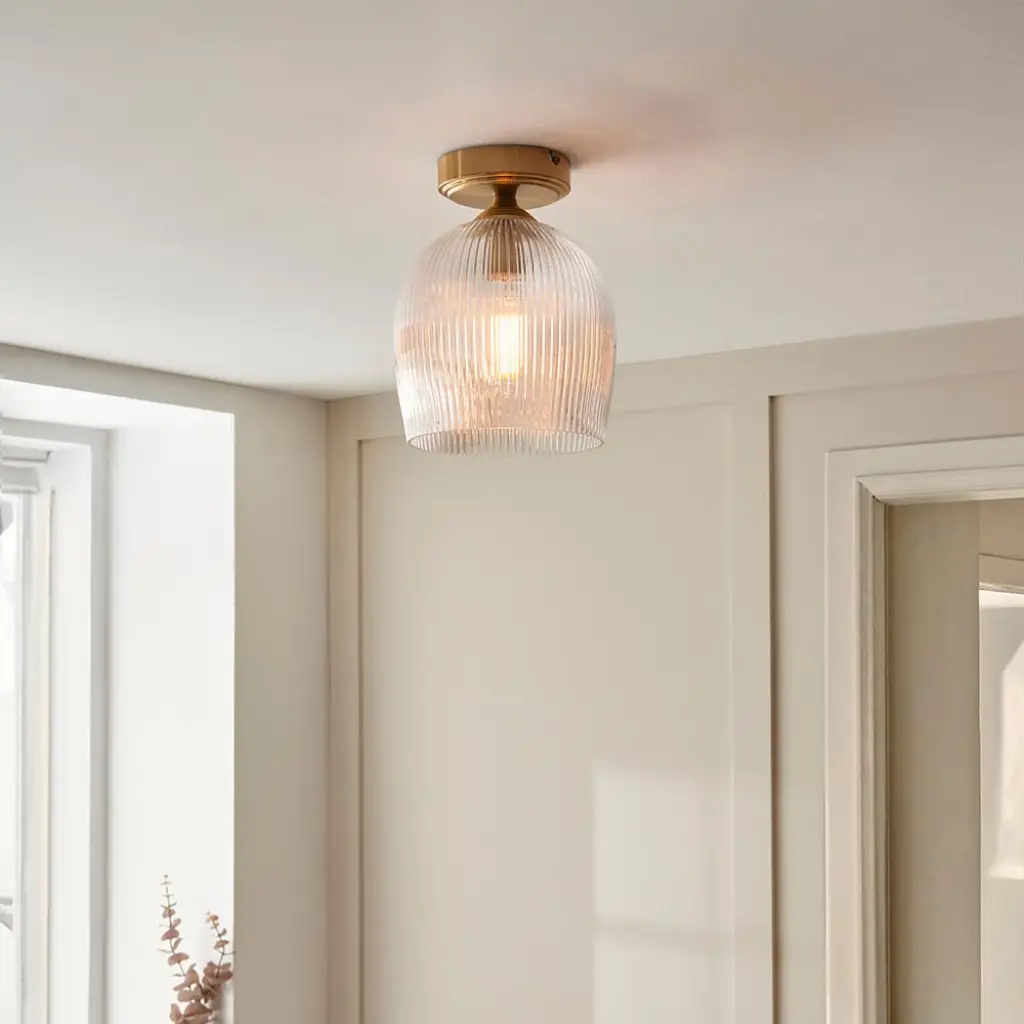 Ashcroft Brass Flush Fitting with Ribbed Glass Shade