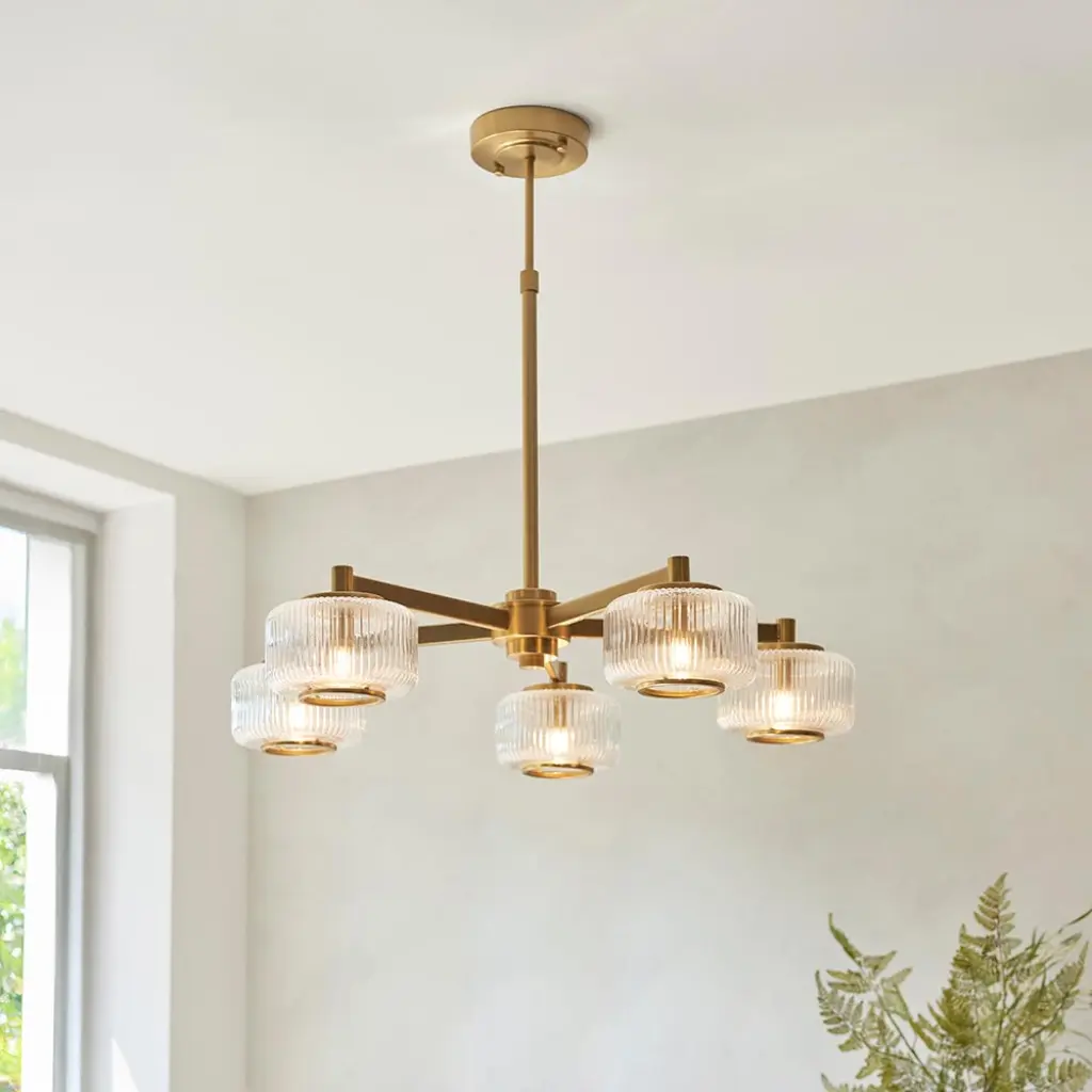 Stamford 5 Light Brass Pendant C/W Ribbed Shades