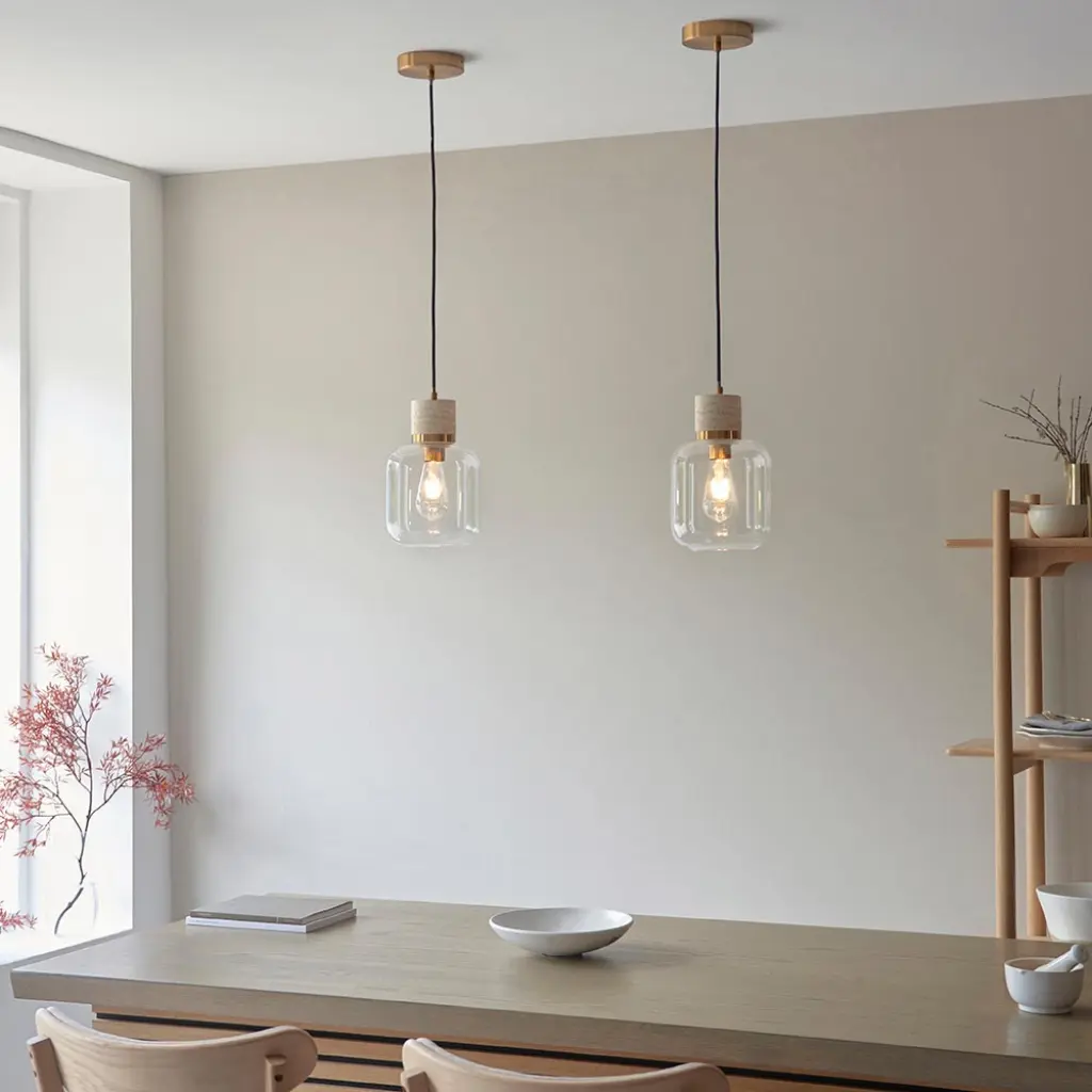 Travi Natural Travertime Stone Pendant C/W Clear Glass