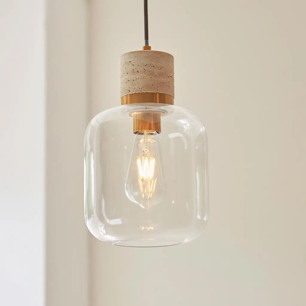 Travi Natural Travertime Stone Pendant C/W Clear Glass