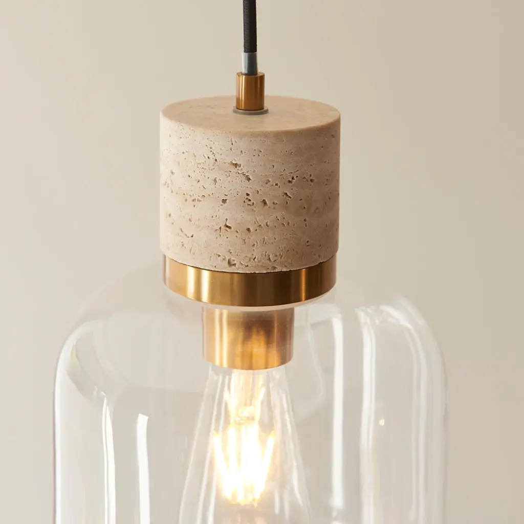 Travi Natural Travertime Stone Pendant C/W Clear Glass