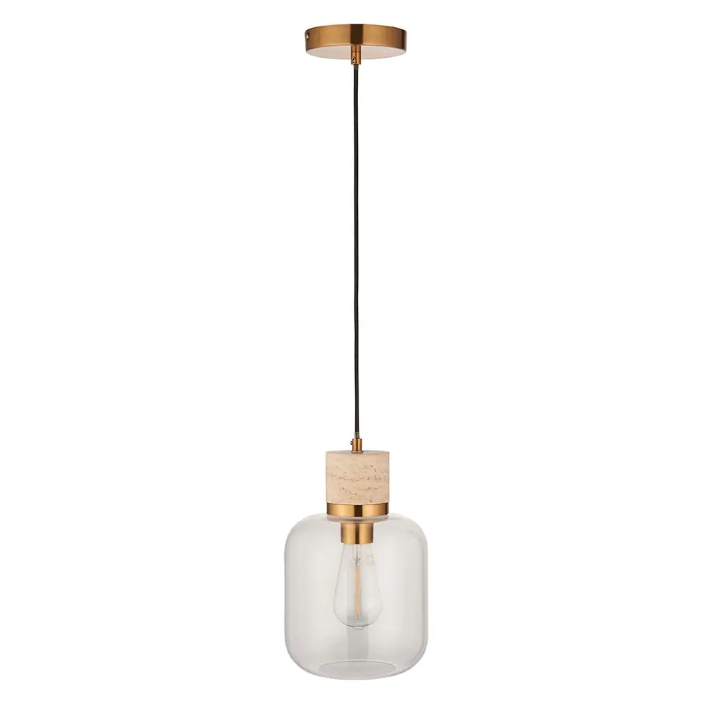 Travi Natural Travertime Stone Pendant C/W Clear Glass