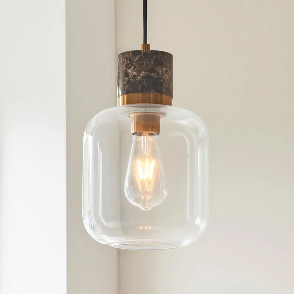Travi Dark Brown Emperador Marble Pendant C/W Clear Glass
