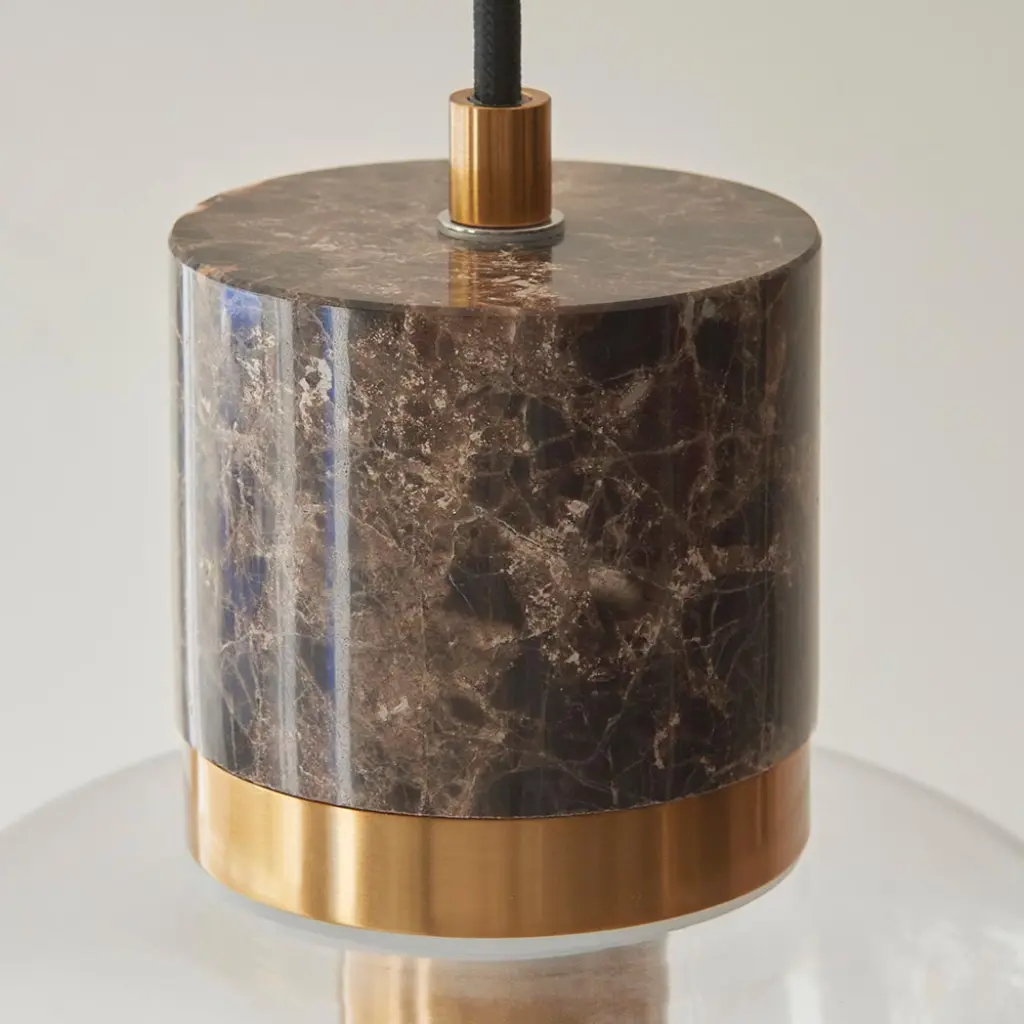 Travi Dark Brown Emperador Marble Pendant C/W Clear Glass
