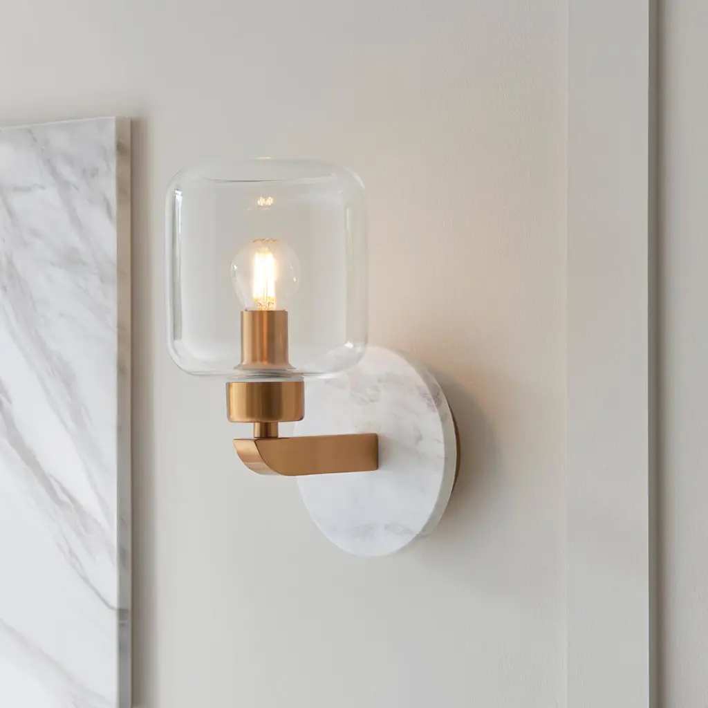 Travi White Volaskas Marble Wall Light C/W Clear Glass Shade
