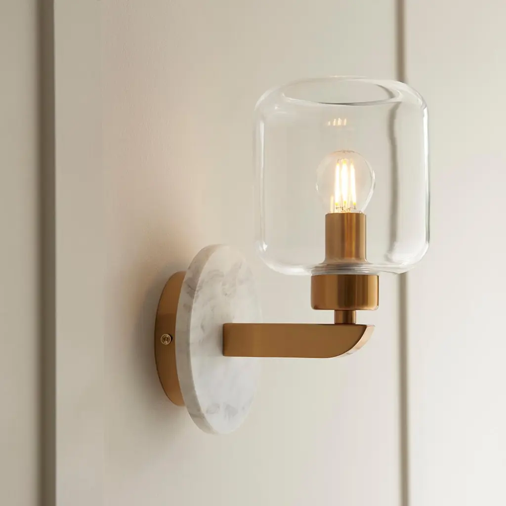 Travi White Volaskas Marble Wall Light C/W Clear Glass Shade