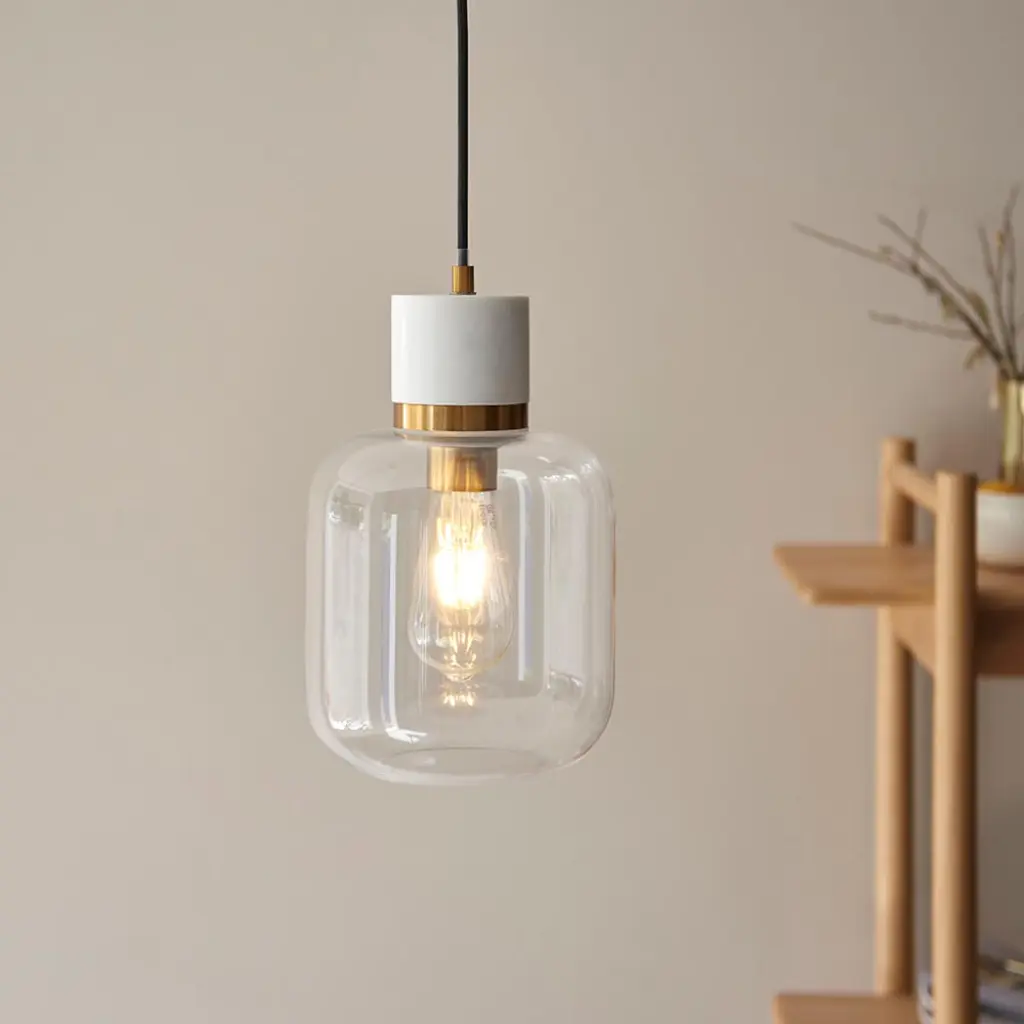Travi White Volaskas Marble Pendant C/W Clear Glass