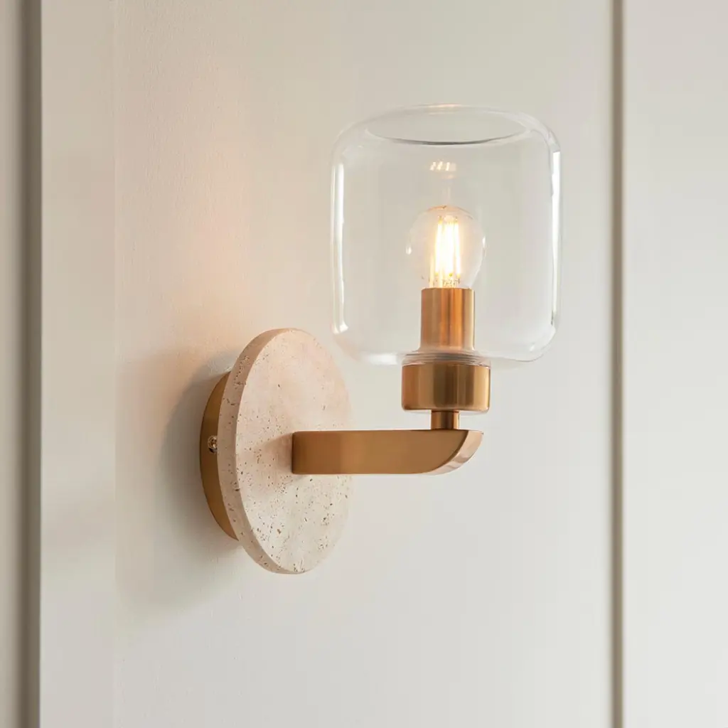 Travi Natural Travertime Stone Wall Light C/W Clear Glass Shade