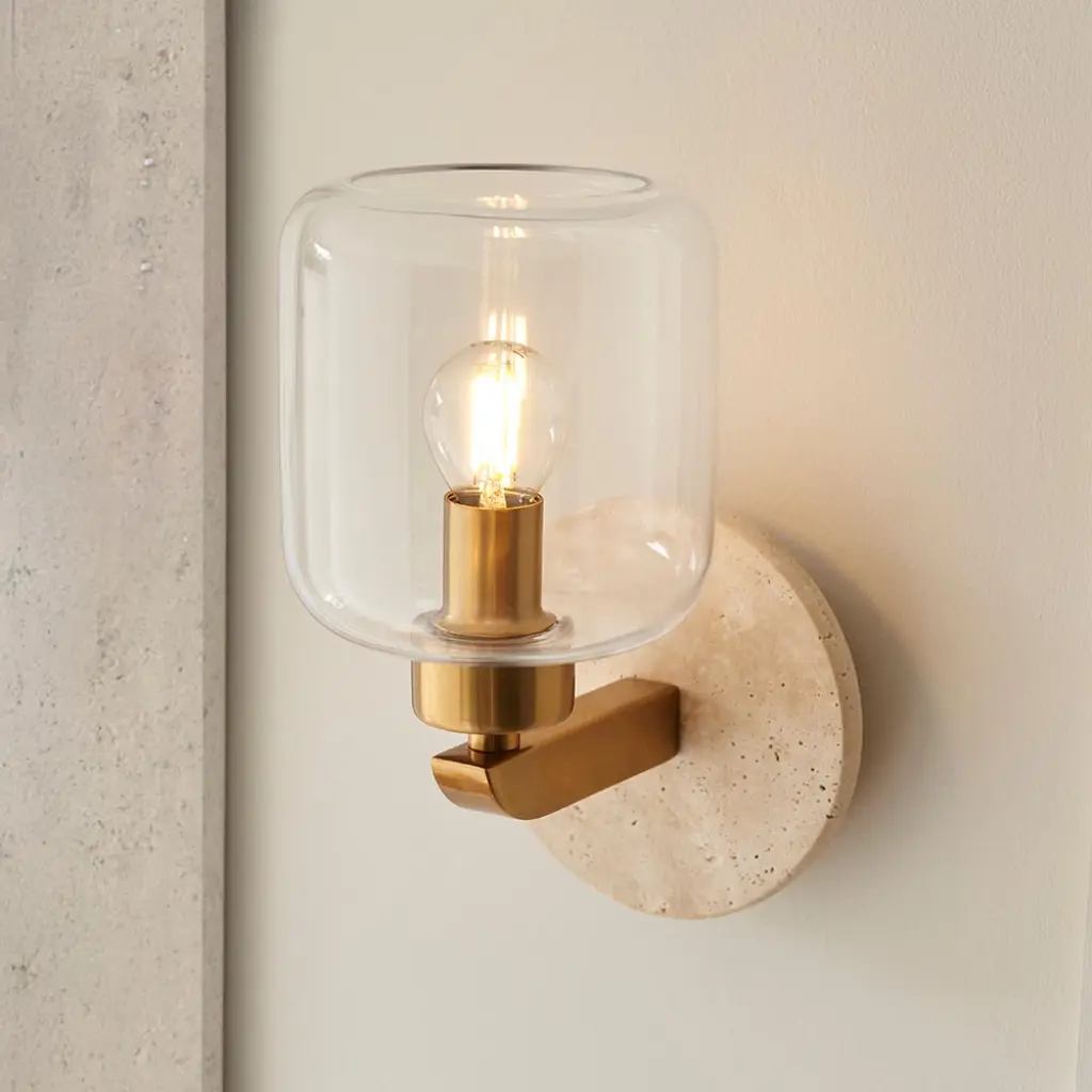Travi Natural Travertime Stone Wall Light C/W Clear Glass Shade