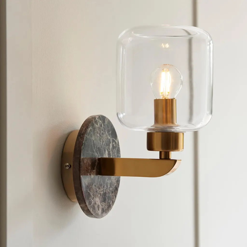 Travi Dark Brown Emperador Marble Wall Light C/W Clear Glass Shade