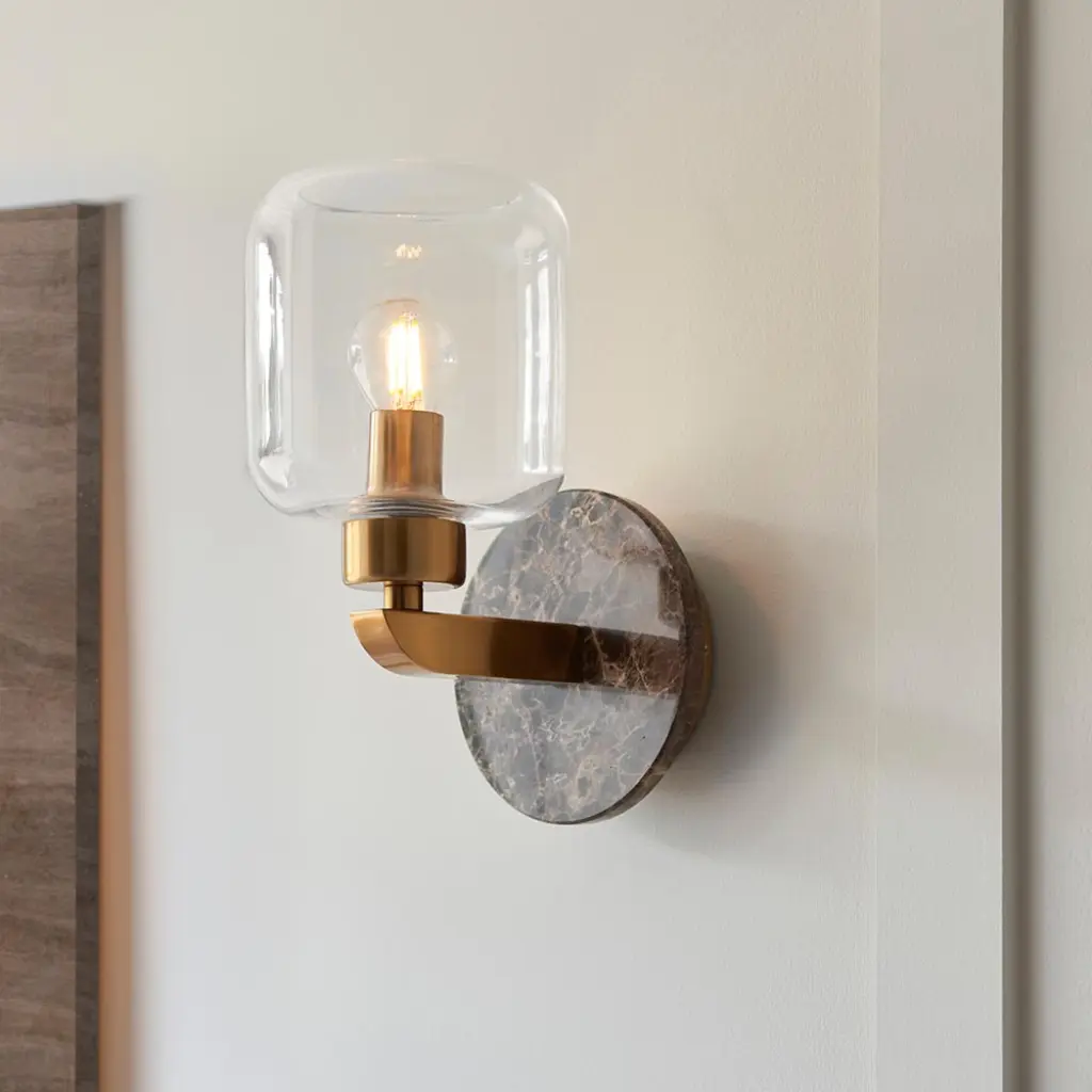 Travi Dark Brown Emperador Marble Wall Light C/W Clear Glass Shade