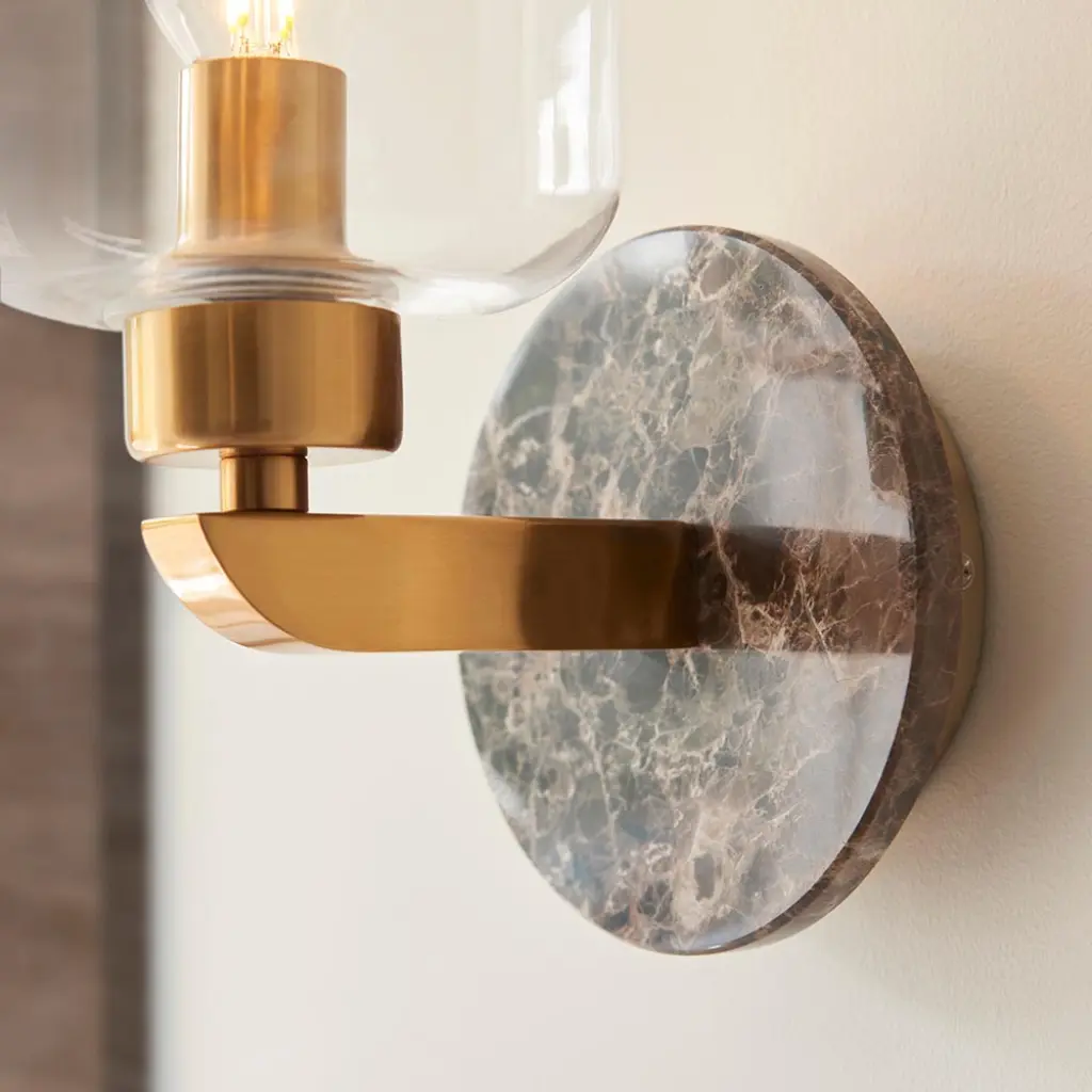 Travi Dark Brown Emperador Marble Wall Light C/W Clear Glass Shade
