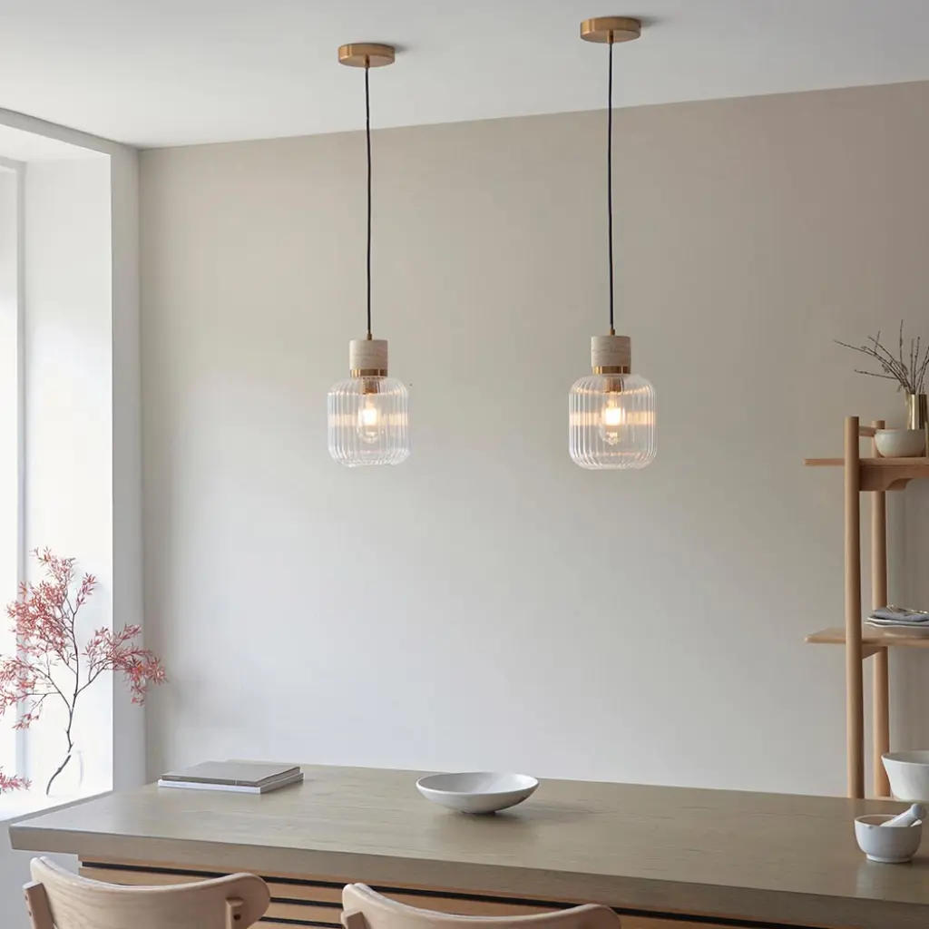 Travi Natural Travertime Stone Pendant C/W Ribbed Glass