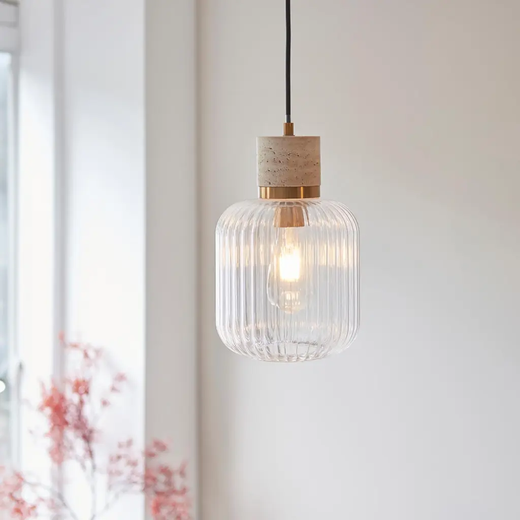 Travi Natural Travertime Stone Pendant C/W Ribbed Glass