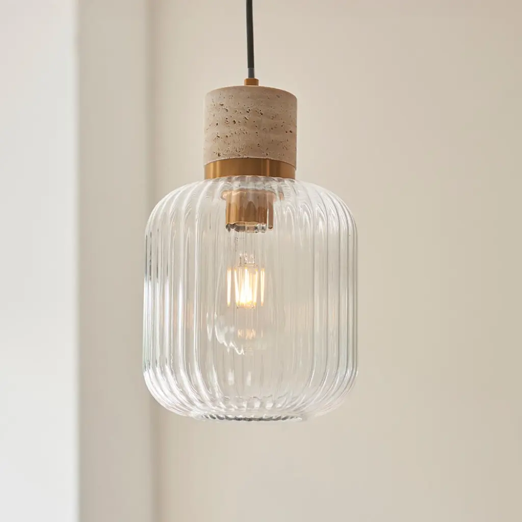 Travi Natural Travertime Stone Pendant C/W Ribbed Glass