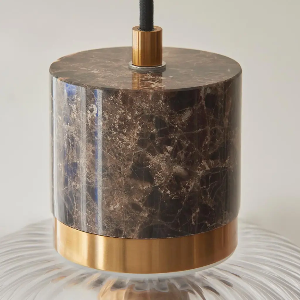 Travi Dark Brown Emperador Marble Pendant C/W Ribbed Glass