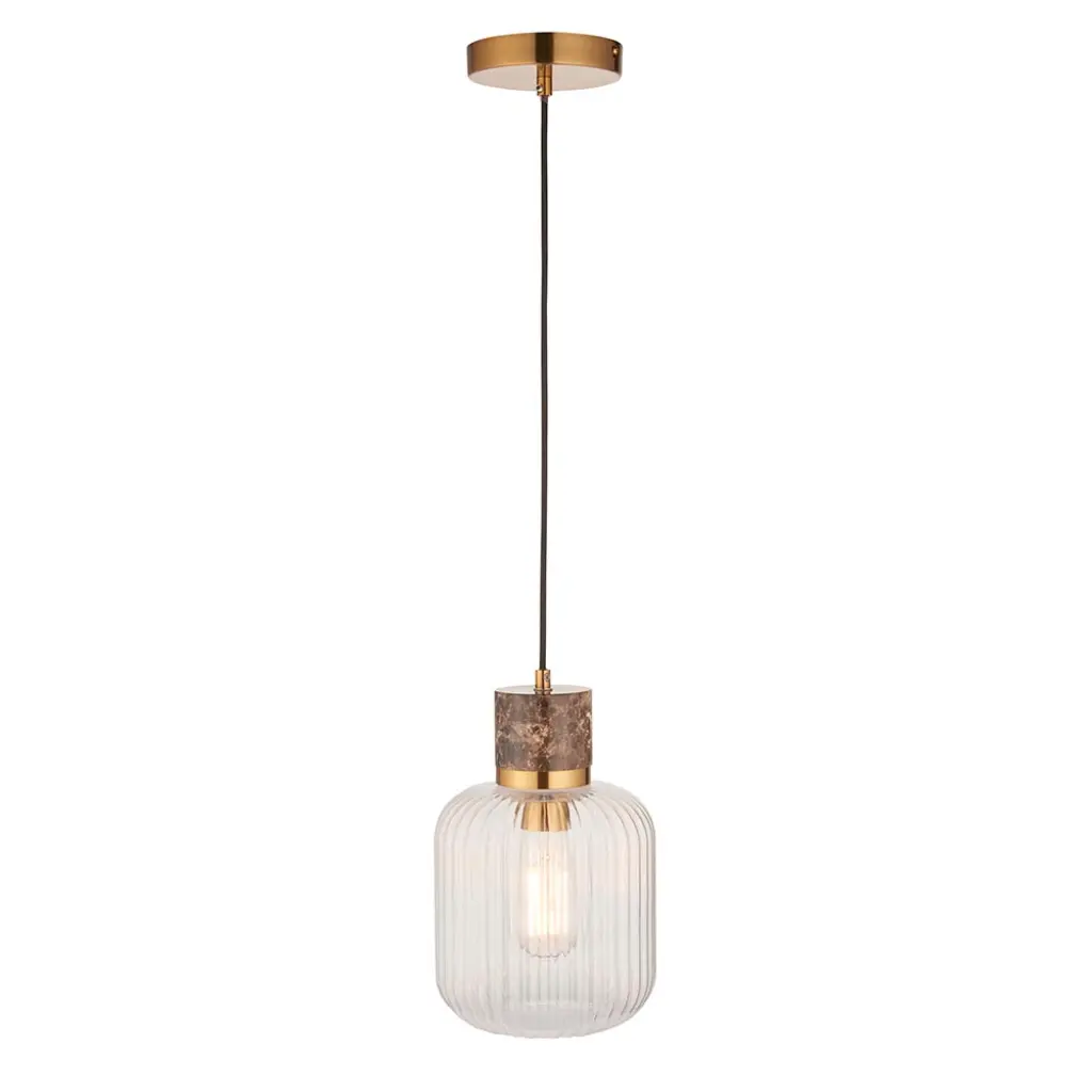 Travi Dark Brown Emperador Marble Pendant C/W Ribbed Glass