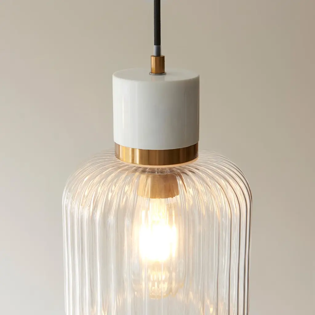 Travi White Volaskas Marble Pendant C/W Ribbed Glass