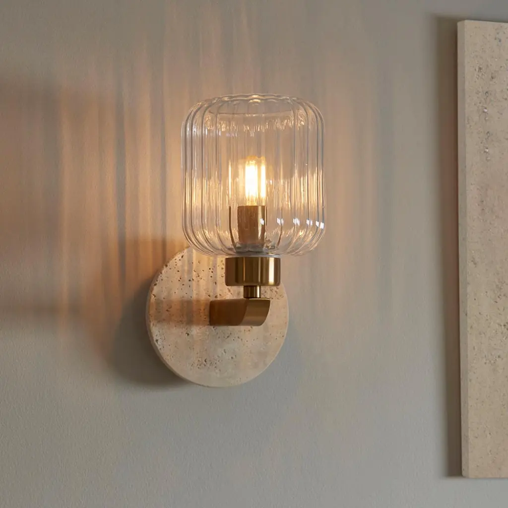 Travi Natural Travertime Stone Wall Light C/W Clear Ribbed Shade
