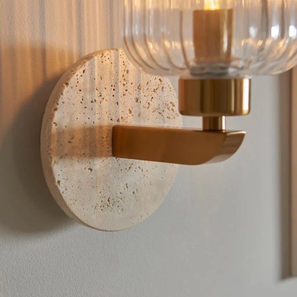 Travi Natural Travertime Stone Wall Light C/W Clear Ribbed Shade