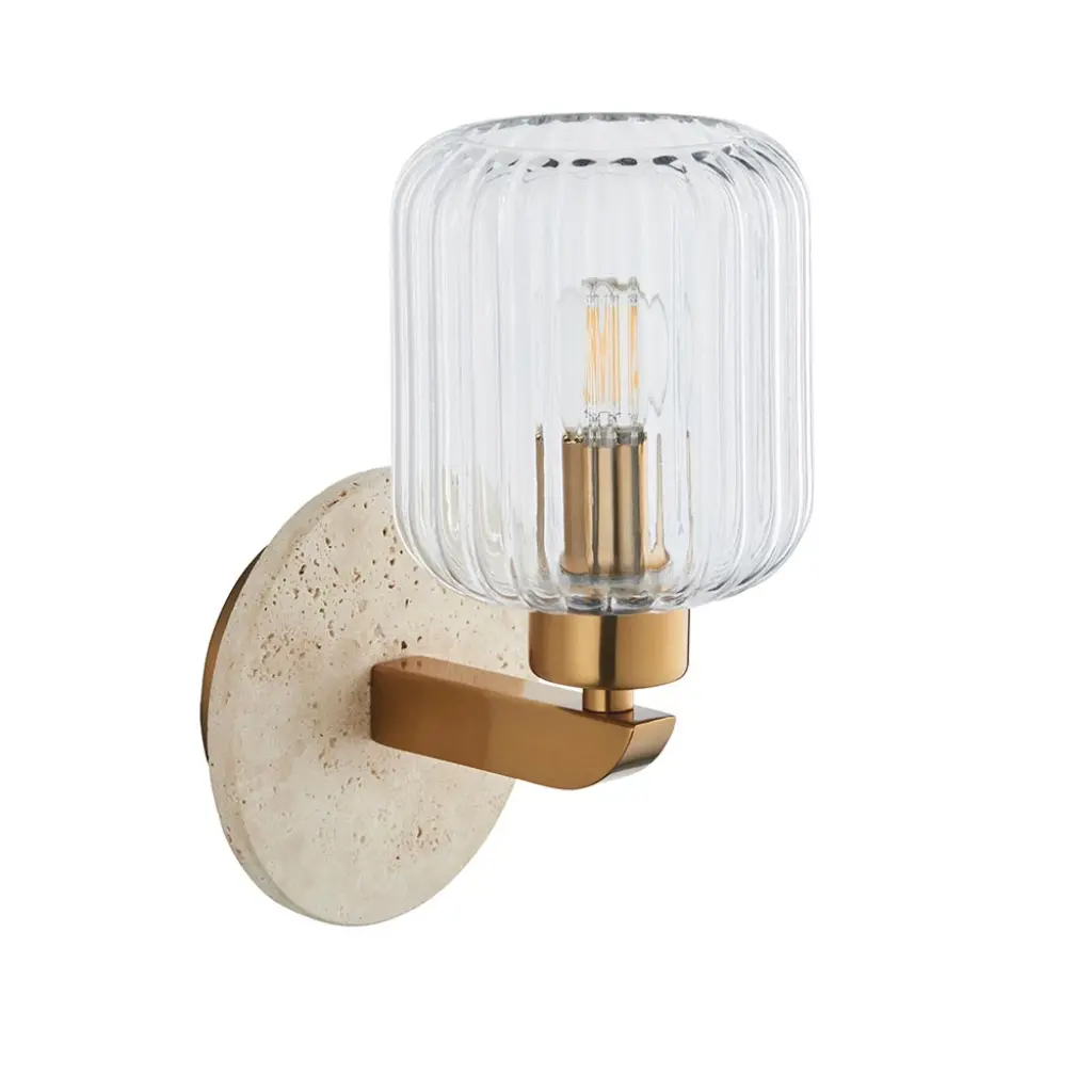 Travi Natural Travertime Stone Wall Light C/W Clear Ribbed Shade