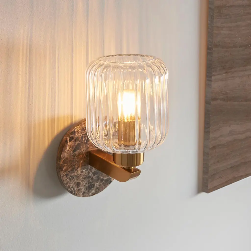 Travi Dark Brown Emperador Marble Wall Light C/W Ribbed Glass Shade