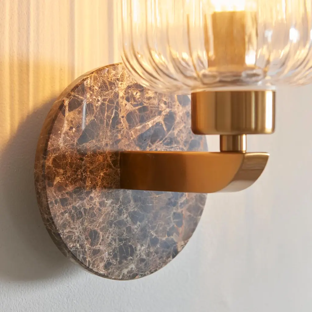 Travi Dark Brown Emperador Marble Wall Light C/W Ribbed Glass Shade