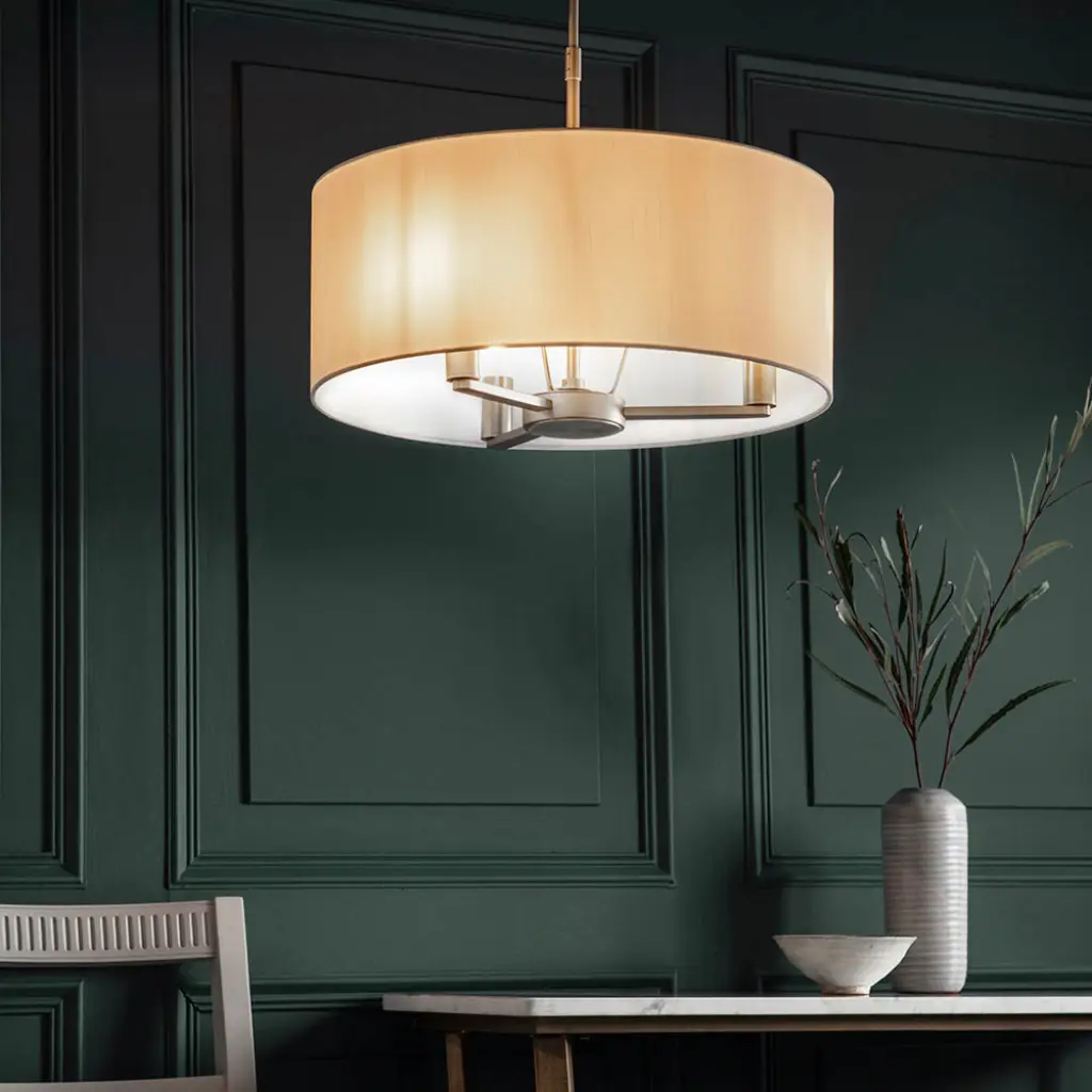 Daley 3 Light Drum Pendant in Nickel C/W Large White Shade