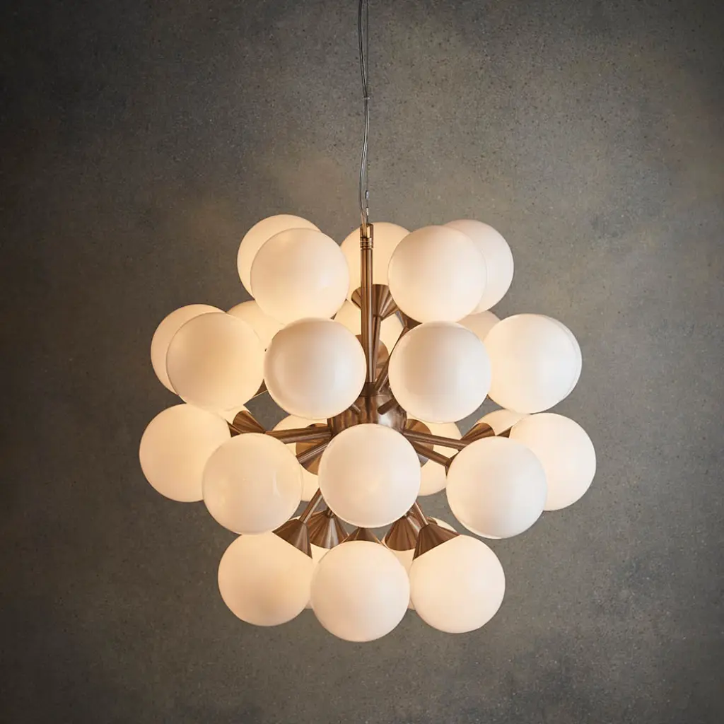 Oscar 28 Light Pendant in Satin Nickel with Gloss White Glass