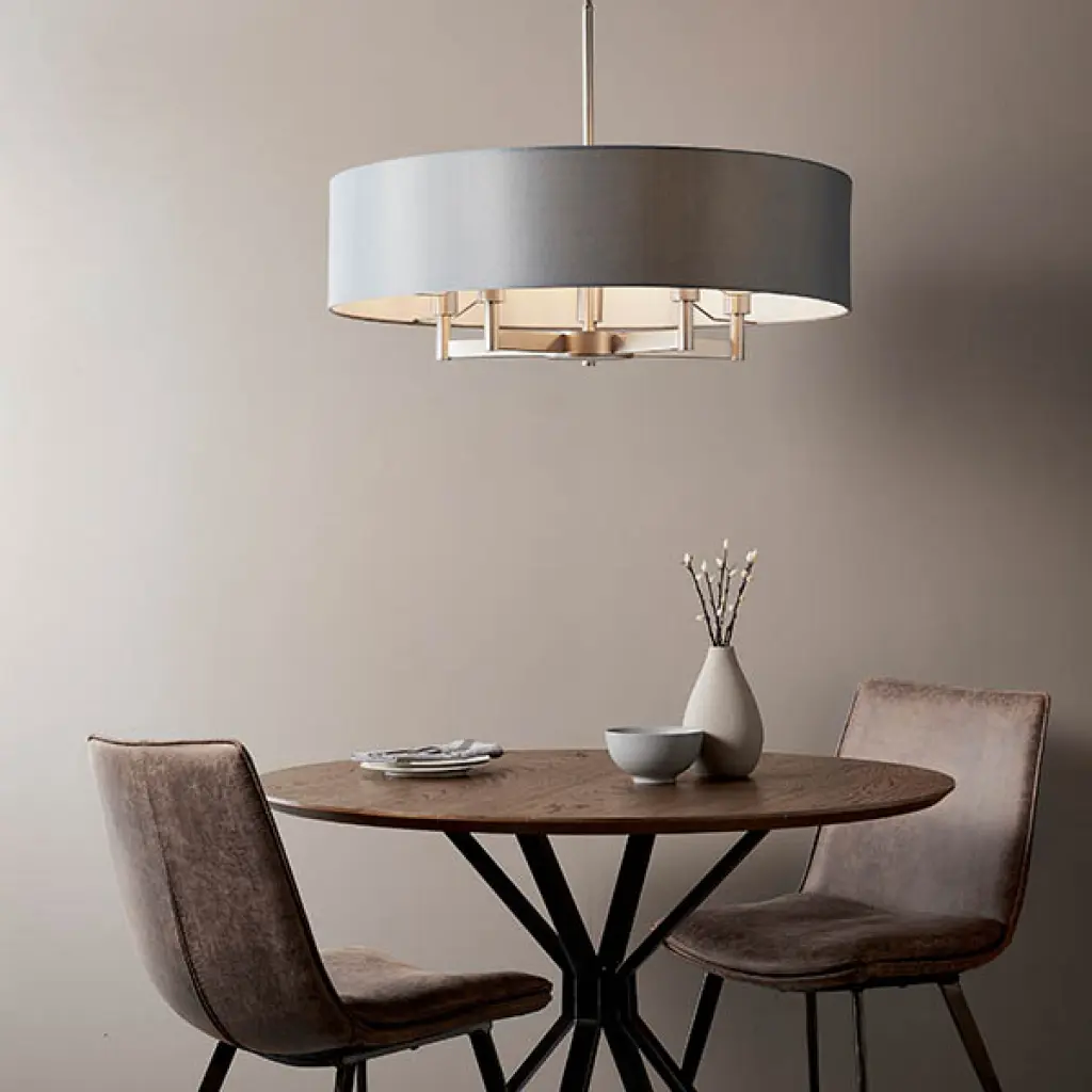 Grande 5 Light Nickel Pendant C/W Grey Drum Shade