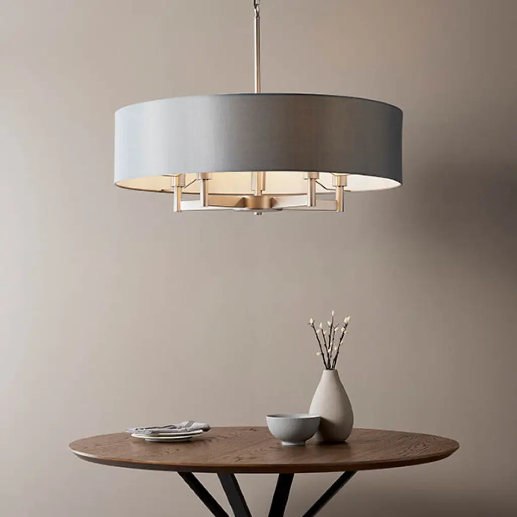 Grande 5 Light Nickel Pendant C/W Grey Drum Shade